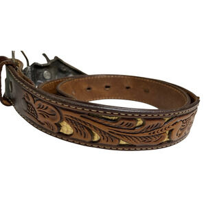 Vintage Koleaco Mens Brown Leather Belt Sz 30 USA W/ 70s 357 Magnum Belt Buckle